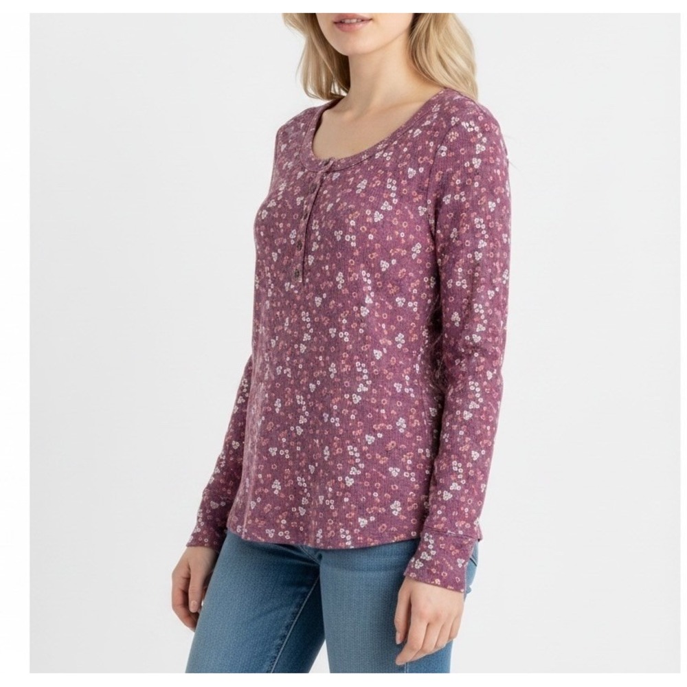 Lucky Brand Thermal Henley Top Women M Pink Floral Ribbed Long Sleeve Boho